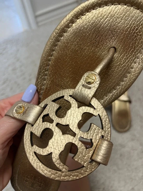 Tory Burch Metallic Gold Leather Logo Sandals - Picture 2 of 10